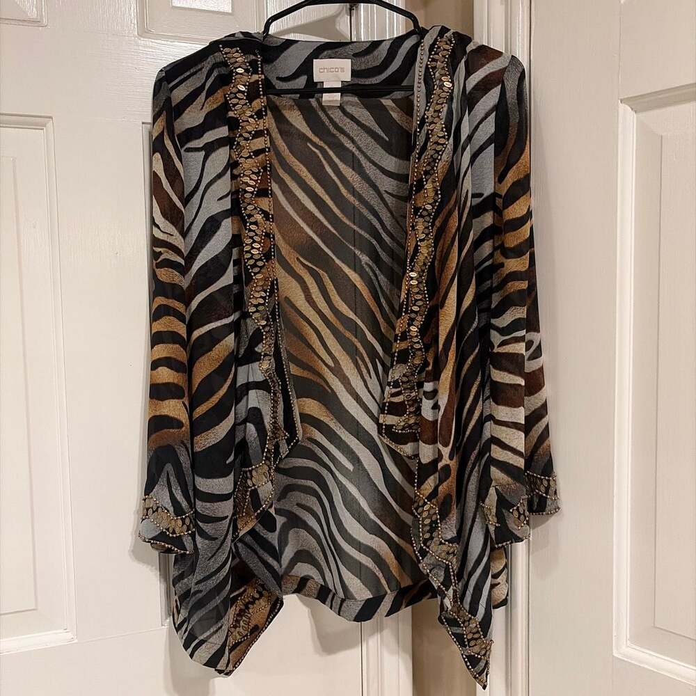 Chico's Zebra Animal Print Beaded Sheer Open Front Cardigan Kimono Size 0
